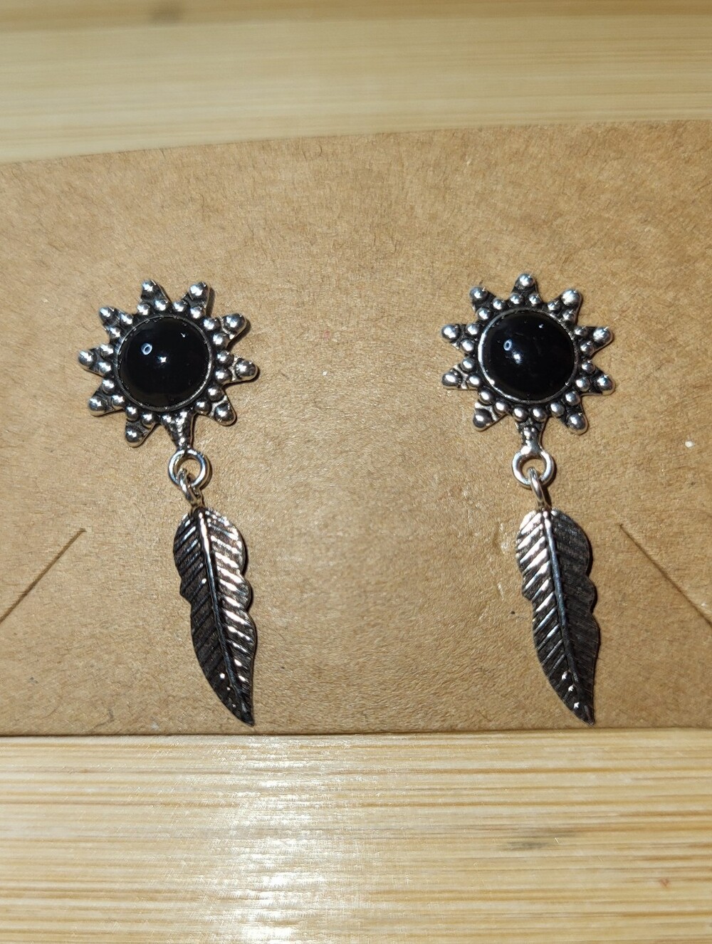 925 Sterling Silver Sunburst Black Onyx Feather Drop Earrings